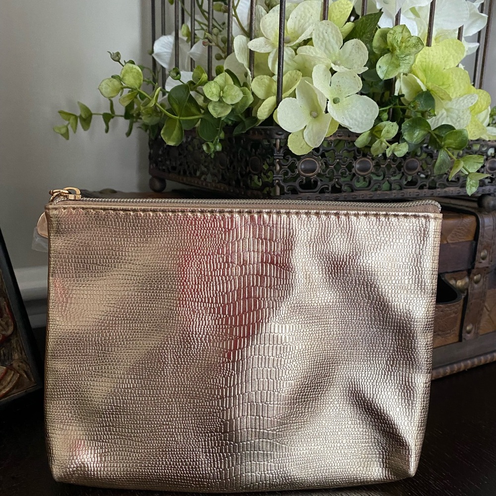 NWT! Lancome brand metallic gold tone zippered bag/pouch